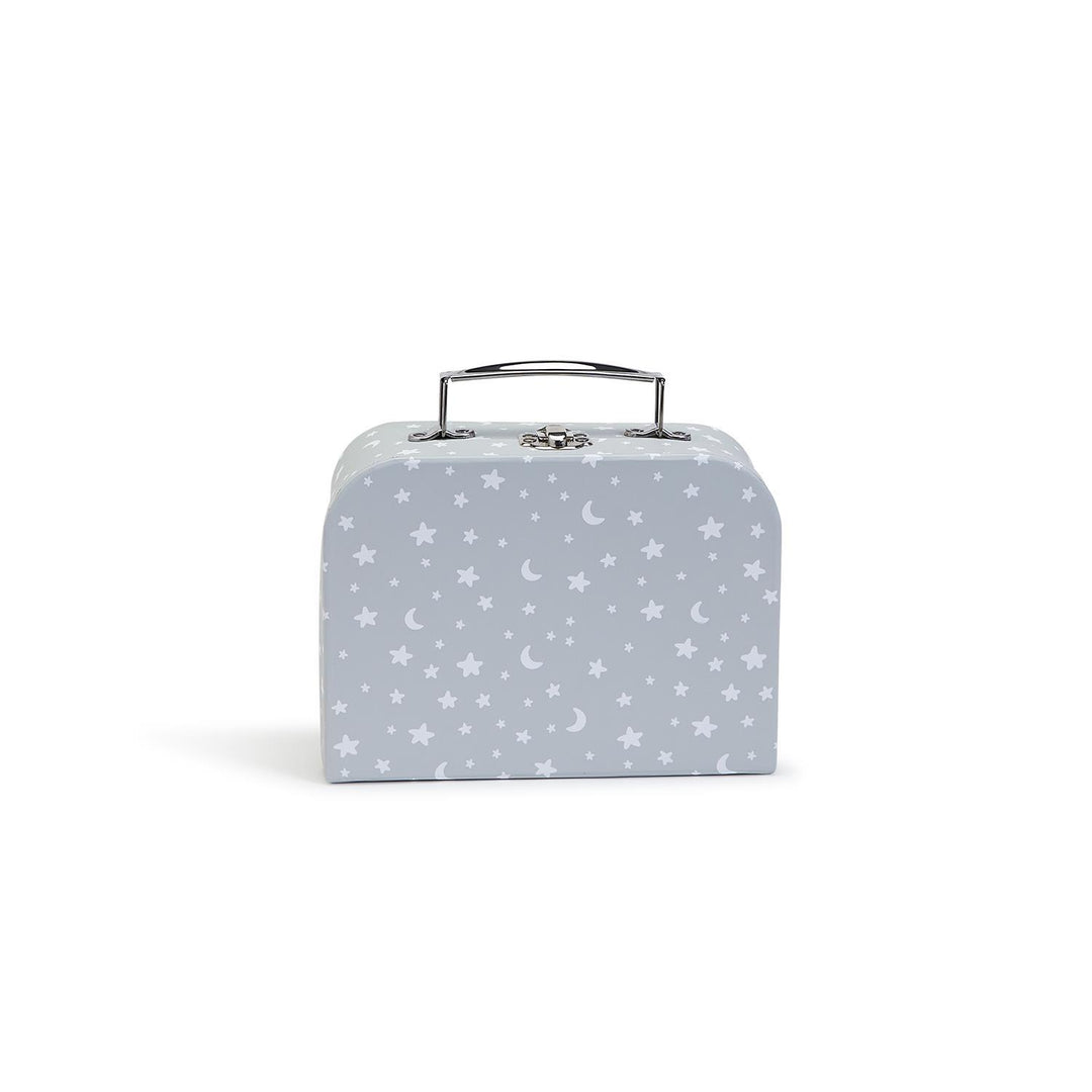 Cardboard storage suitcase for children presented on a white backdrop featuring a pale blue celestial pattern of white stars and crescent moons with a polished silver metal handle and clasp