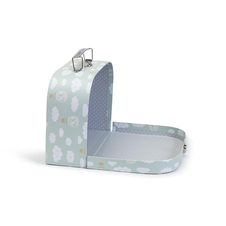 Cardboard decorative suitcase featuring an open toy storage box on a white background with a mint green exterior patterned with hot air balloons and white clouds and a grey polka dot interior lining