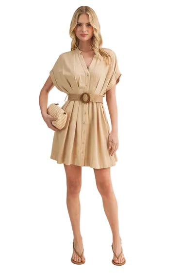 Dolman Sleeve Belted Button-Front Dress