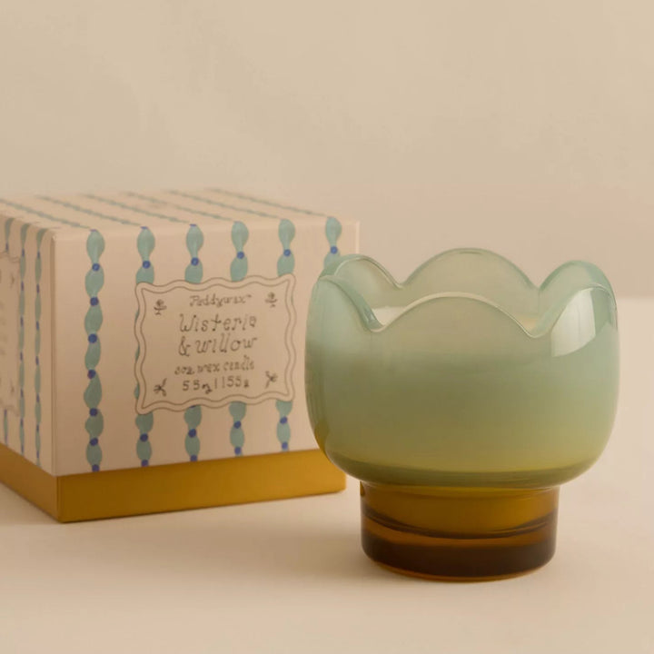 Product photography by Paddywax of a Wisteria &amp; Willow scented candle featuring a scalloped seafoam green glass vessel with a translucent amber base and a decorative box with blue beaded vertical lines on a neutral surface