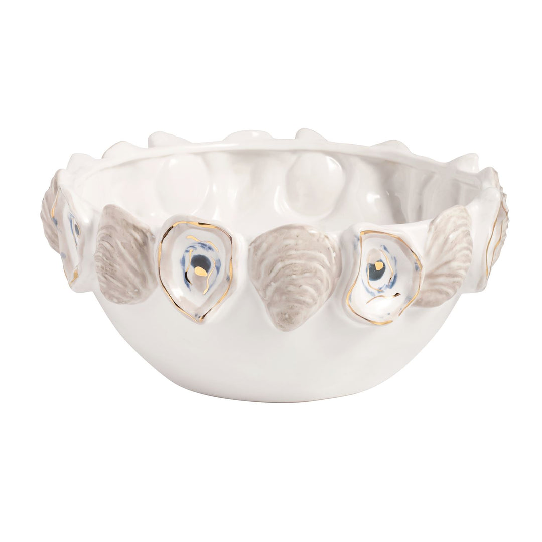 Handcrafted ceramic oyster bowl by Vietri featuring a decorative rim of sculpted oyster shells with hand-painted gold leaf edges and delicate blue watercolor-style accents against a plain white background