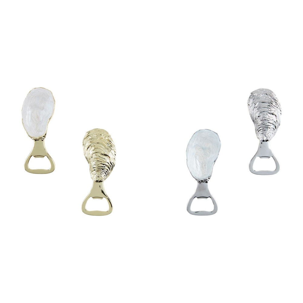 Cast metal oyster shell bottle openers displayed on a white background, featuring shimmering gold and silver finishes with realistic ridged textures and smooth pearlescent interiors