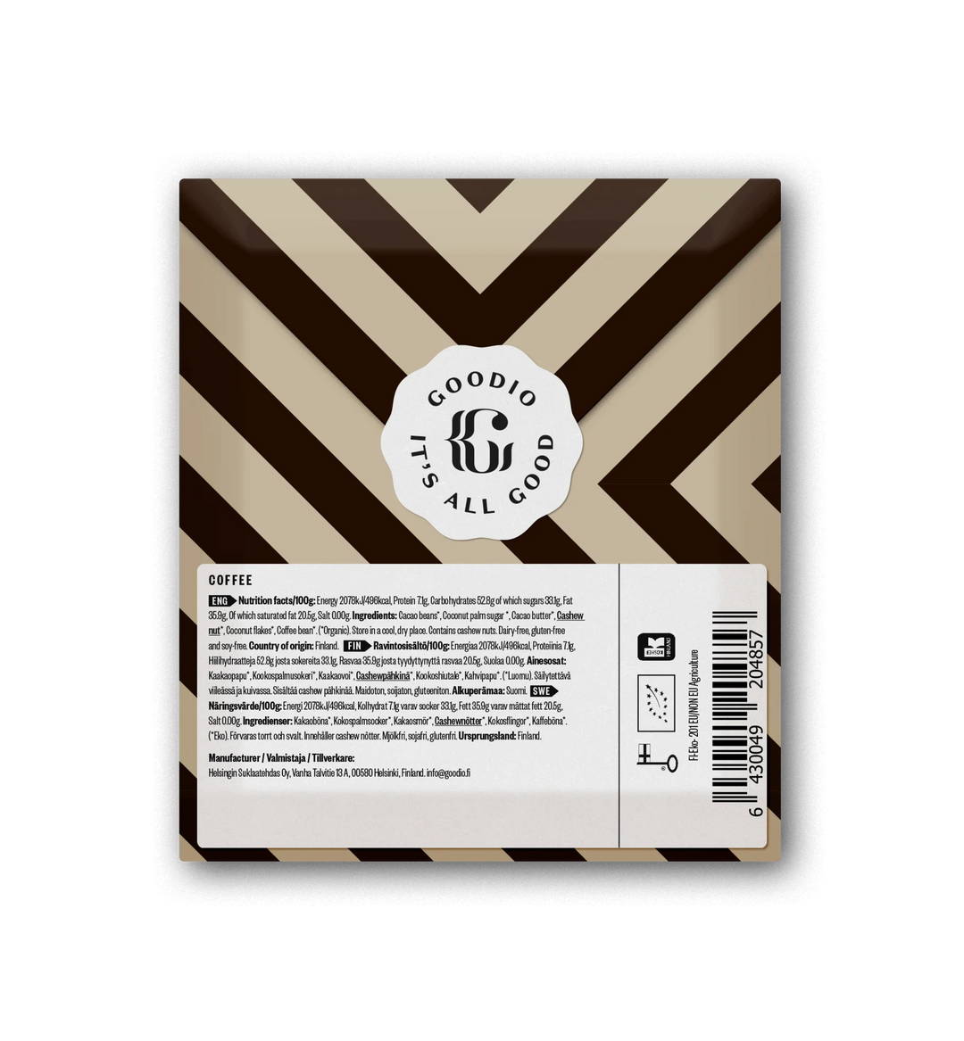 Graphic packaging design by Goodio featuring the back of a Coffee chocolate bar wrapper with a bold brown and beige diagonal chevron pattern, a white scalloped circular logo, and a multilingual nutrition panel with an organic certification seal