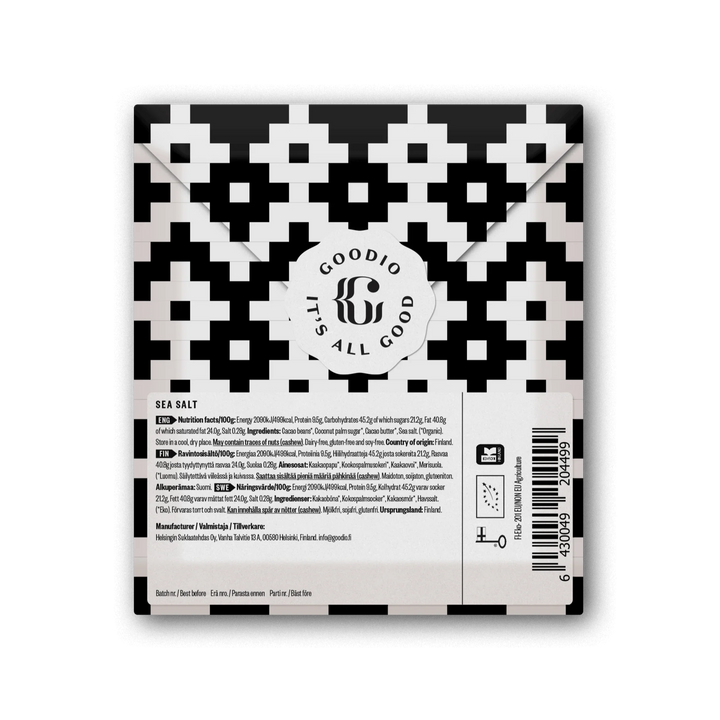 Graphic packaging design by Goodio depicting the back of a Sea Salt chocolate bar wrapper from Helsinki featuring a bold black and white pixelated geometric pattern, a scalloped brand logo, and multilingual nutritional information alongside a vertical barcode