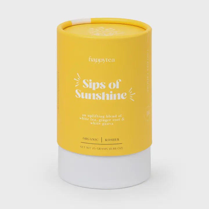 Yellow and white Happy Tea canister labeled Sips of Sunshine