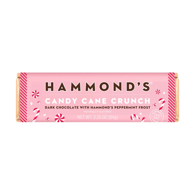 Hammond's Candy Cane Crunch dark chocolate bar in a pink wrapper
