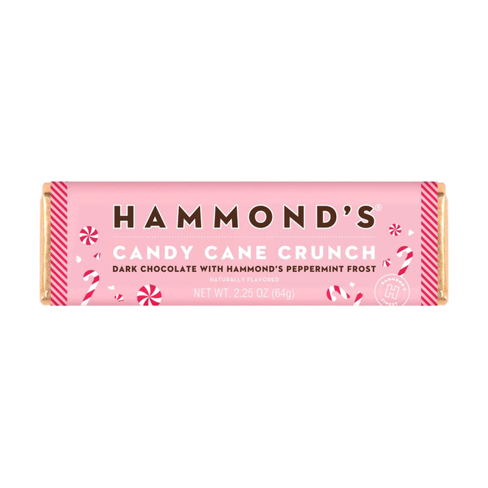 Product photograph of Hammond’s Candy Cane Crunch dark chocolate bar featuring a light pink wrapper with festive red peppermint illustrations and a prominent brand logo on a white background