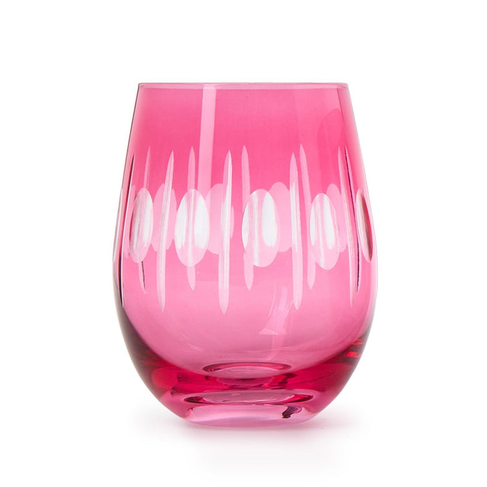 Sparkling Cut Pink Hand Engraved Stemless Wine Glass - Single