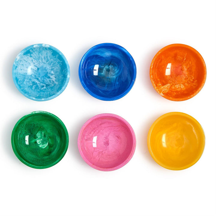 Resin art set of six small decorative bowls in a vibrant rainbow palette on a white background featuring unique internal swirling textures and glossy reflections