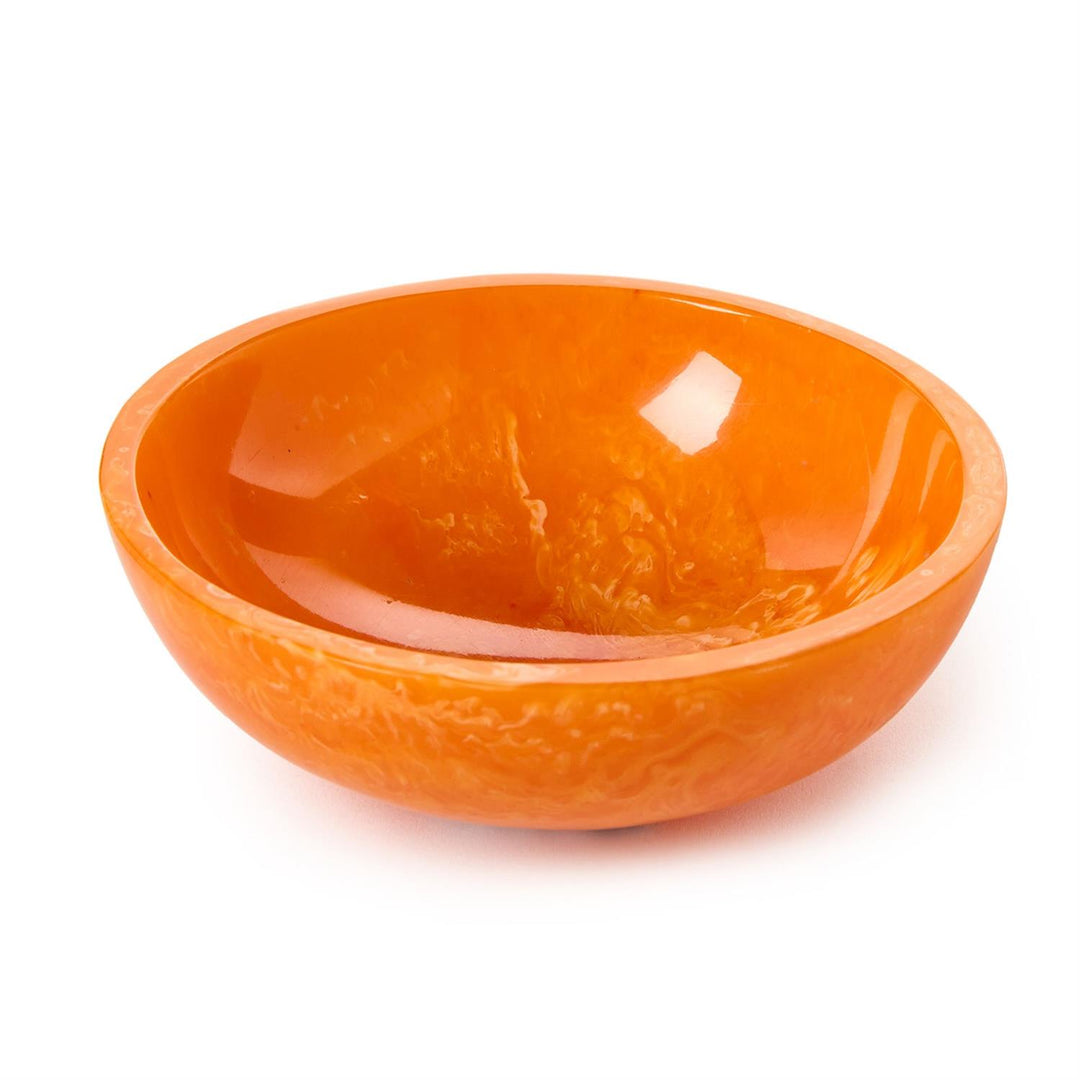 Resin decorative bowl featuring a vibrant orange marbled texture and a high-gloss reflective finish isolated on a white background