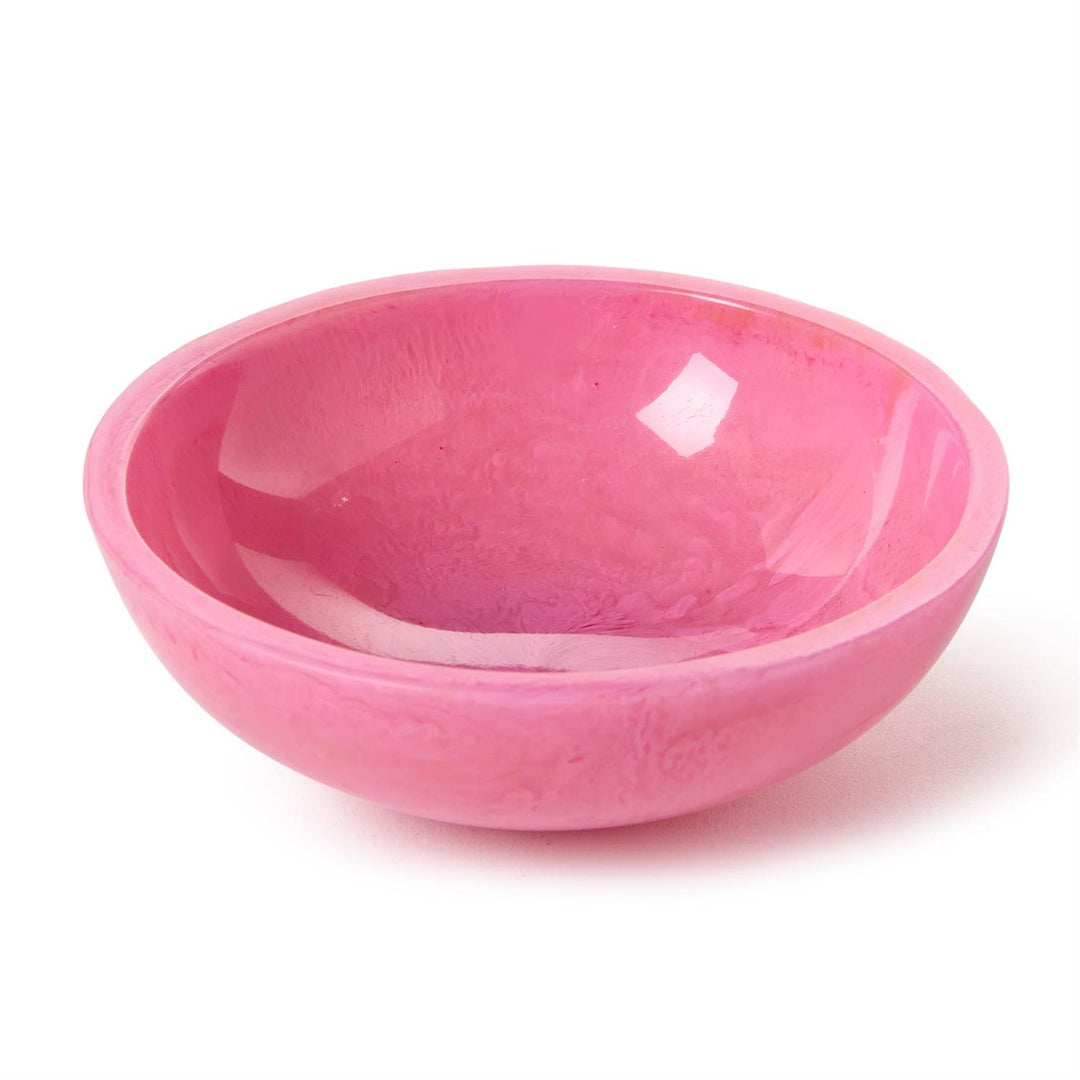 Marbled resin bowl featuring a small pink dish on a white background with vibrant magenta swirls, a glossy reflective interior, and smooth rounded edges