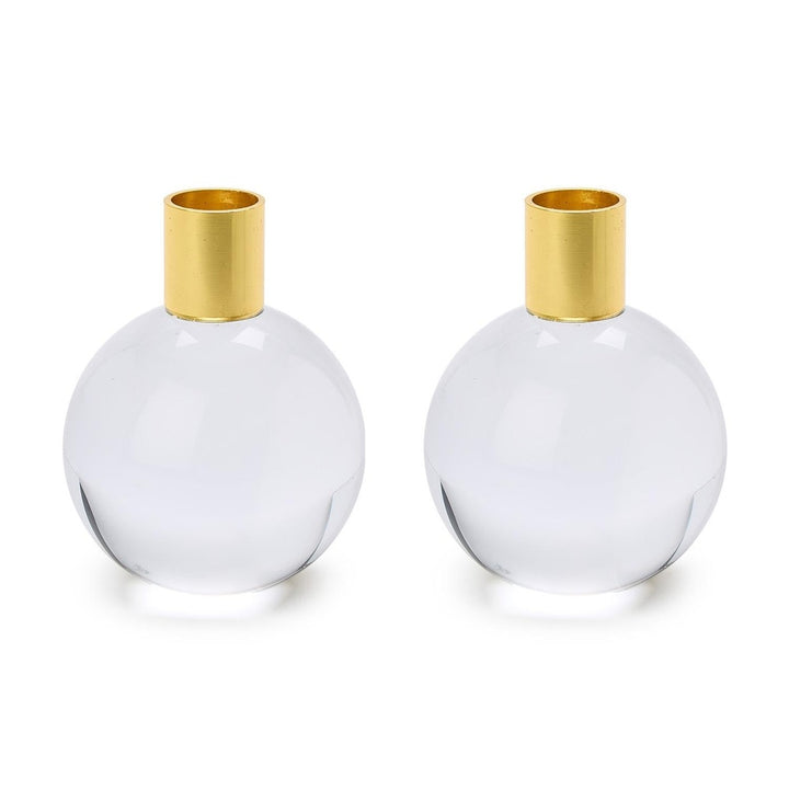 Two clear glass ball taper candleholders with gold collars