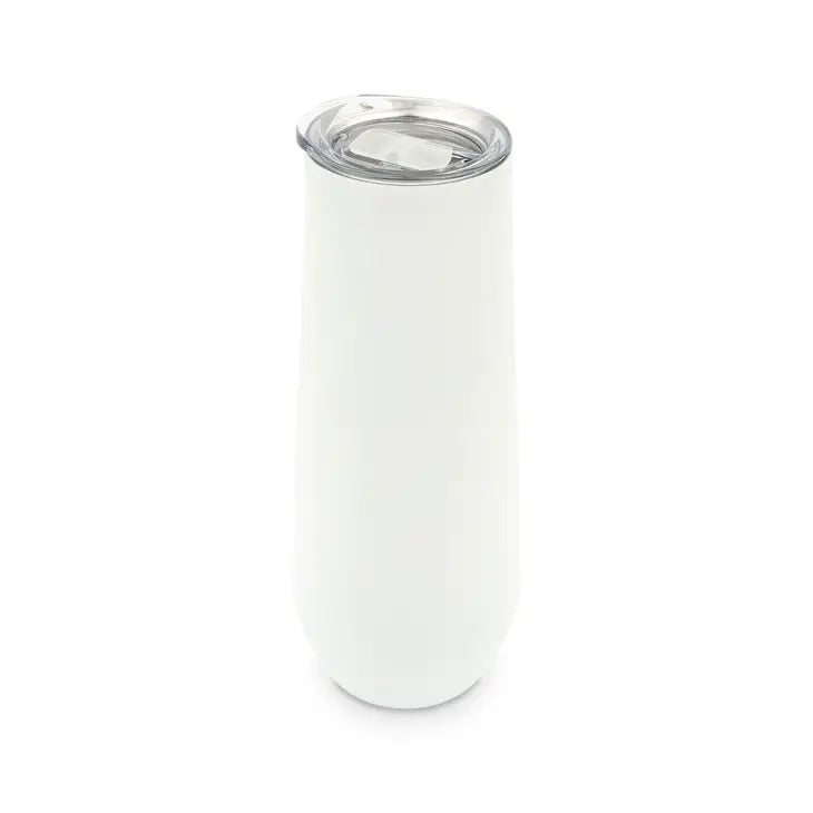 Product photograph of a matte white stainless steel insulated champagne flute tumbler on a solid white background featuring a clear spill-resistant slider lid and a slim tapered silhouette