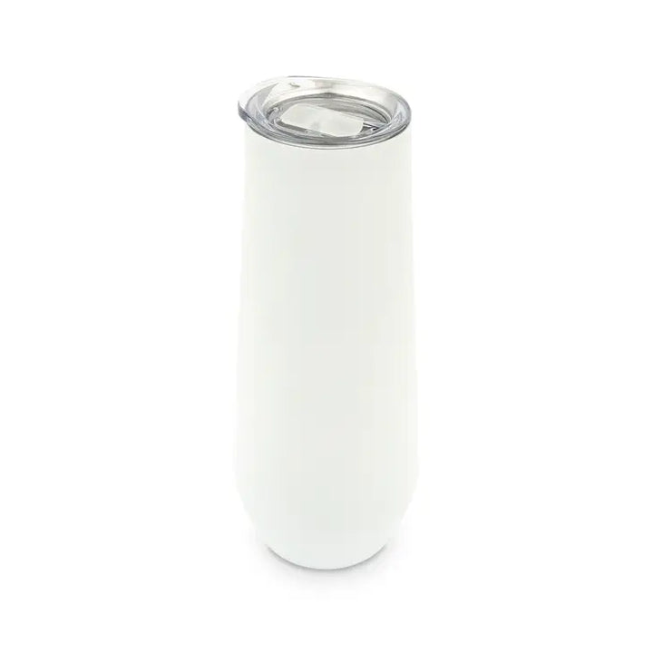 Product photograph of a matte white stainless steel insulated champagne flute tumbler on a solid white background featuring a clear spill-resistant slider lid and a slim tapered silhouette