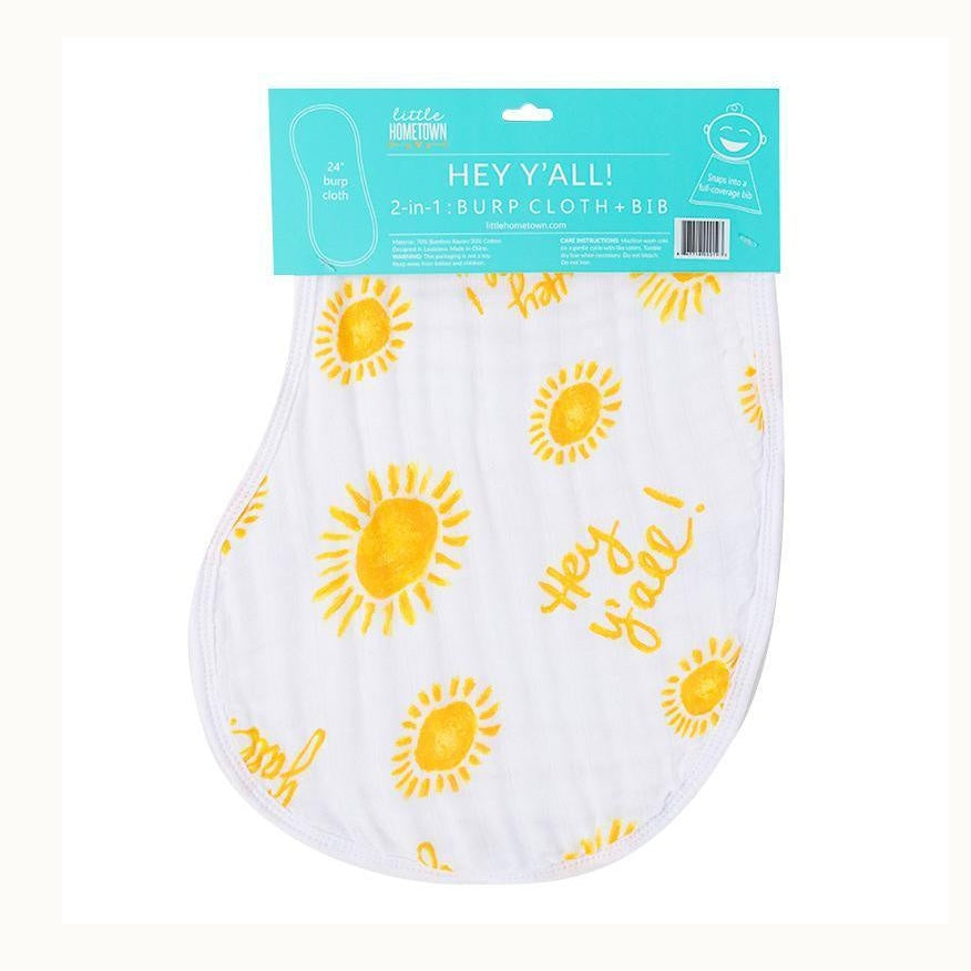 Cotton and bamboo blend burp cloth and bib by Little Hometown displayed on a white background featuring a Southern US theme with bright yellow watercolor sunbursts, cursive Hey Y'all! text, and a teal blue header card