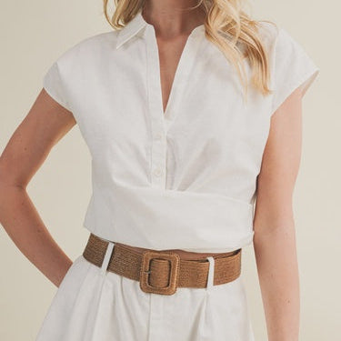 Collared V-Neck Folded Waist Top
