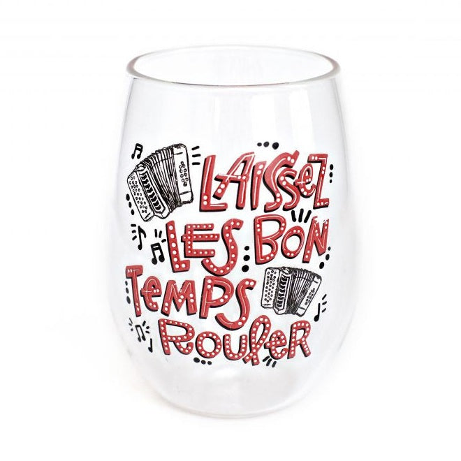 Stemless glass tumbler featuring a New Orleans-inspired design with the iconic phrase Laissez les bon temps rouler in red dotted hand-lettering accented by black accordion illustrations and floating musical notes