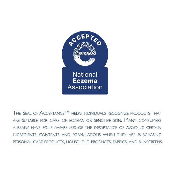 Graphic design by the National Eczema Association of the navy blue Seal of Acceptance logo featuring a stippled white lowercase letter e and detailed uppercase text regarding sensitive skin product suitability on a white background