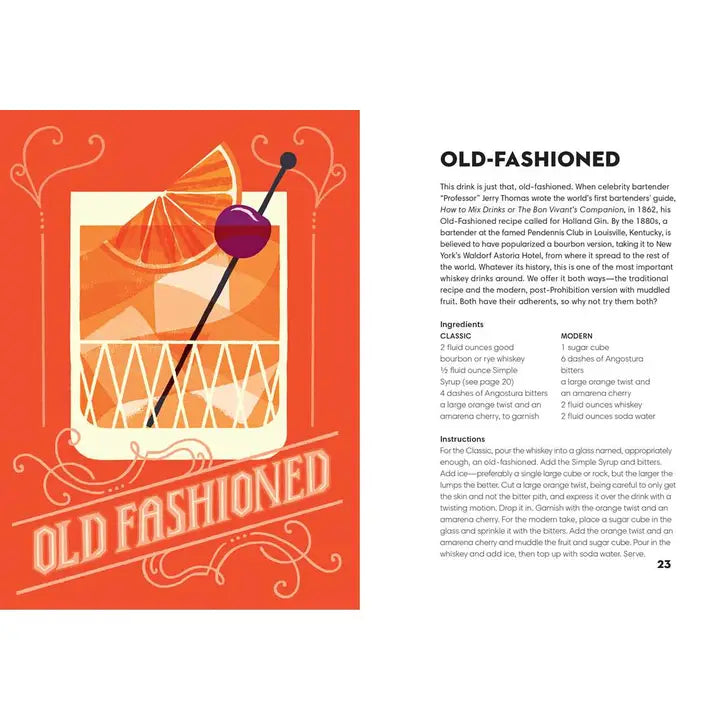 Graphic illustration of an Old Fashioned cocktail recipe page featuring a stylized drink with a bright orange slice, a dark purple cherry on a skewer, and bold white vintage typography against a red-orange background