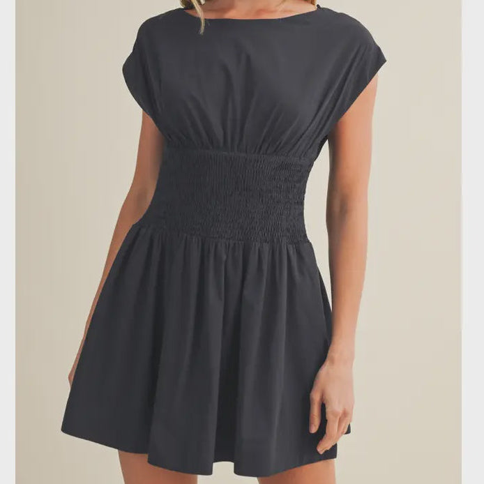 Smocked-Waist Blouson Poplin Dress