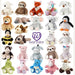 Product photography of Warmies brand plush toys features a grid of stuffed animals including a rainbow unicorn and a penguin on a white background with a fuzzy yellow bumblebee and a central purple heart logo
