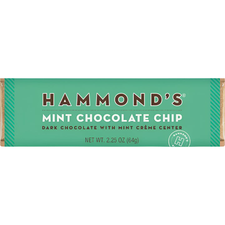Hammond's Mint Chocolate Chip dark chocolate bar in a green wrapper