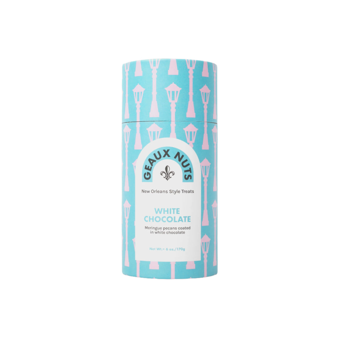 Aqua and pink Geaux Nuts White Chocolate tube with a street lamp pattern