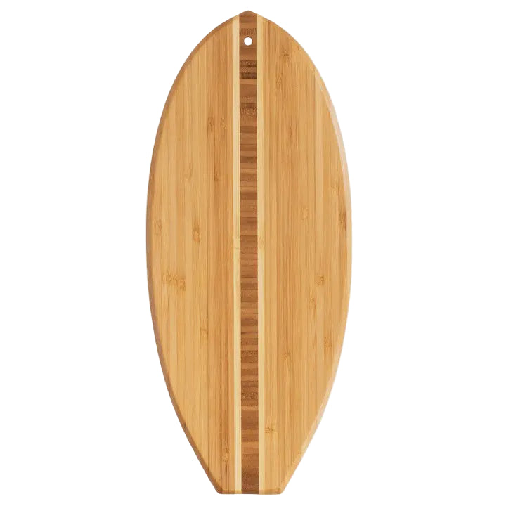 Bamboo wood surfboard-shaped cutting board featuring a central vertical mosaic inlay with alternating dark and light wood grains and a small hanging hole at the tip
