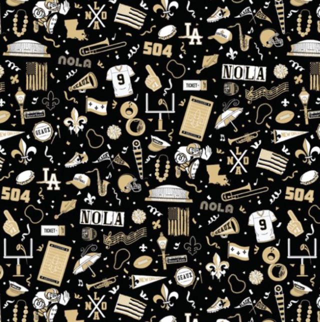 Black fabric print with gold and white NOLA icons: fleur-de-lis, 504, jerseys, goal posts, trumpets and a dome