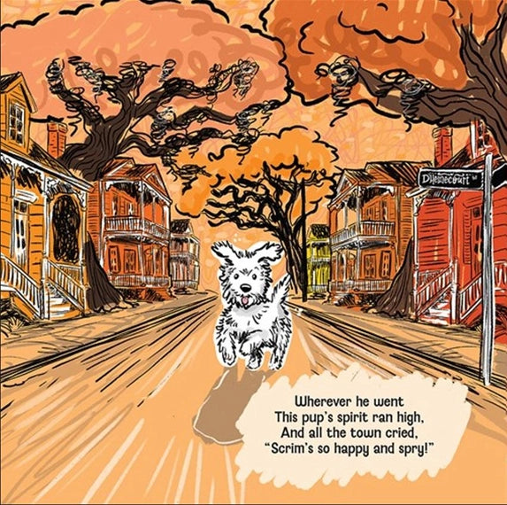 Digital illustration by Darin Ruark of a happy white scruffy dog named Scrim running down D Hemecourt Street in New Orleans past traditional shotgun houses and under gnarled oak trees with vibrant orange foliage and sketchy black outlines