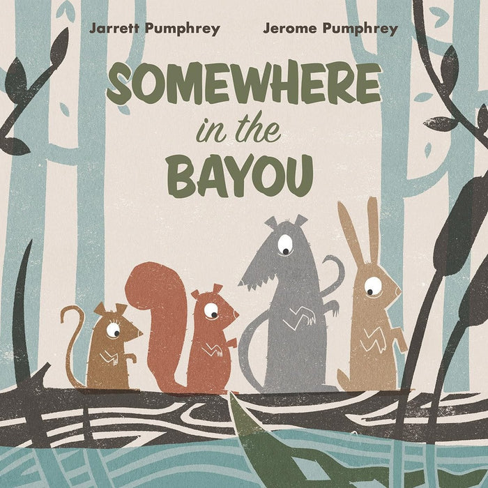 Digital illustration by Jarrett and Jerome Pumphrey for the book Somewhere in the Bayou featuring four wide-eyed animals on a log surrounded by tall cypress trees, dark cattails, and textured stamp-style silhouettes in earth tones