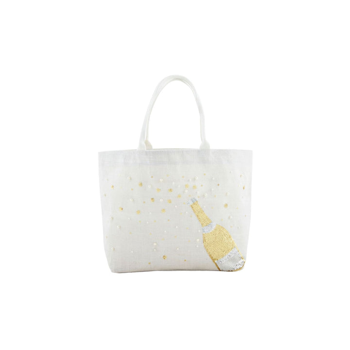 Embellished fabric tote bag featuring a champagne bottle design crafted from gold and silver sequins with scattered white pearls and golden bubble accents on a plain white background