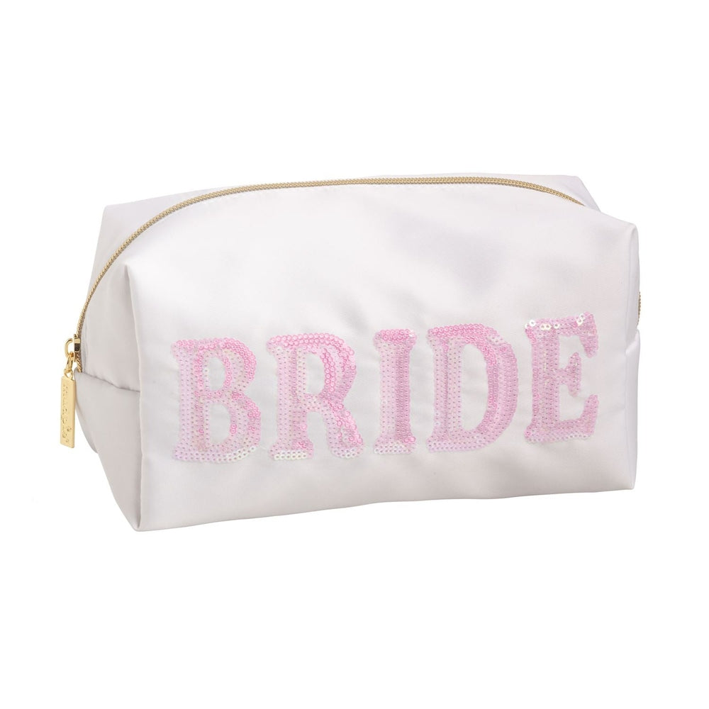 Mud Pie bridal accessory white satin cosmetic pouch on a neutral background featuring pink sequin BRIDE lettering a gold zipper and a branded metal pull charm