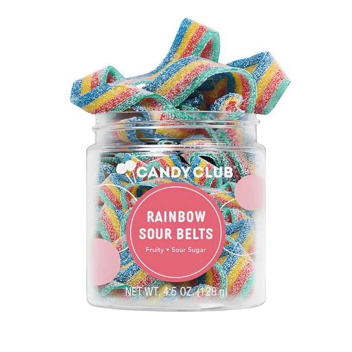 Clear Candy Club jar of Rainbow Sour Belts with candy belts spilling from the top