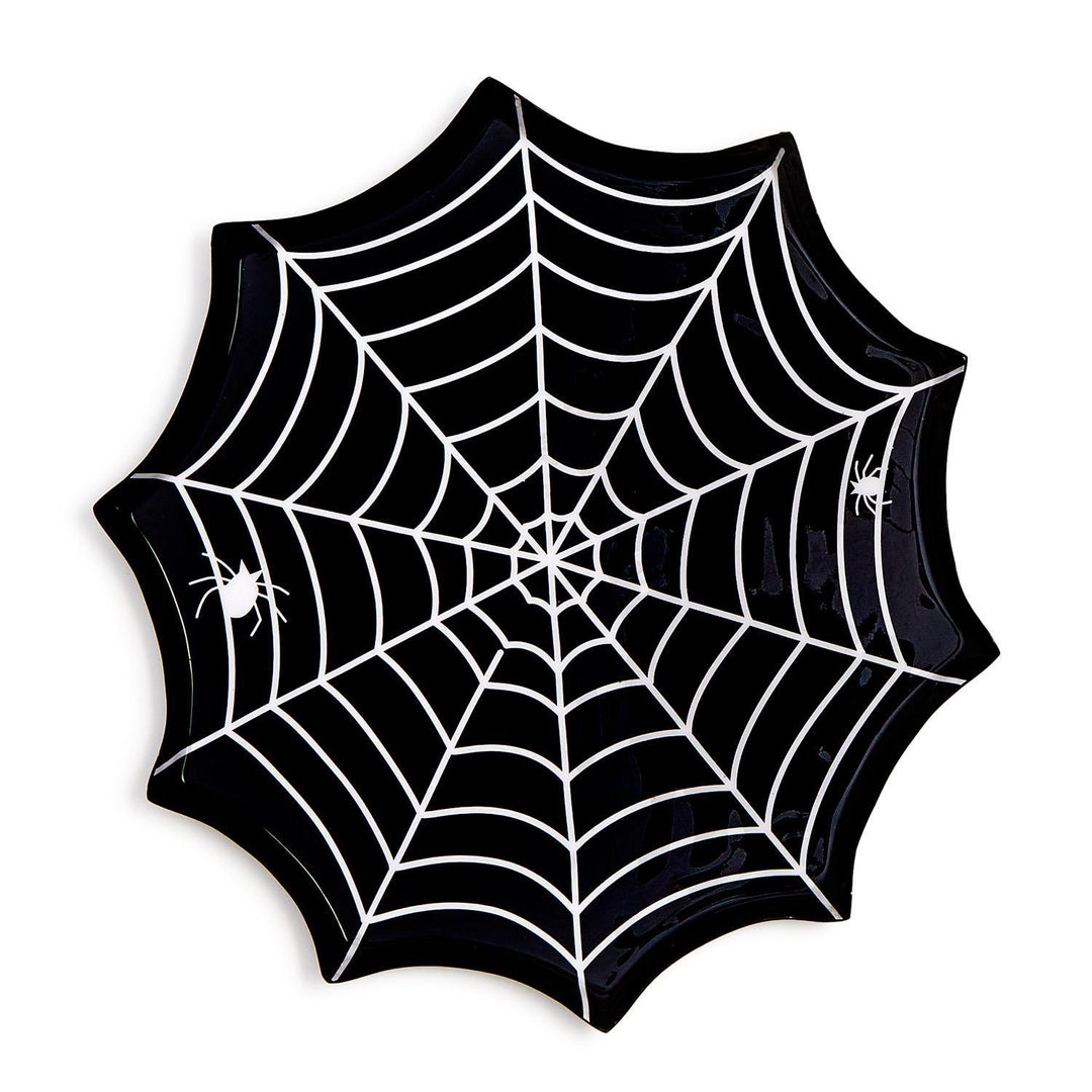 Black spiderweb-shaped plate with white web lines and two small white spiders