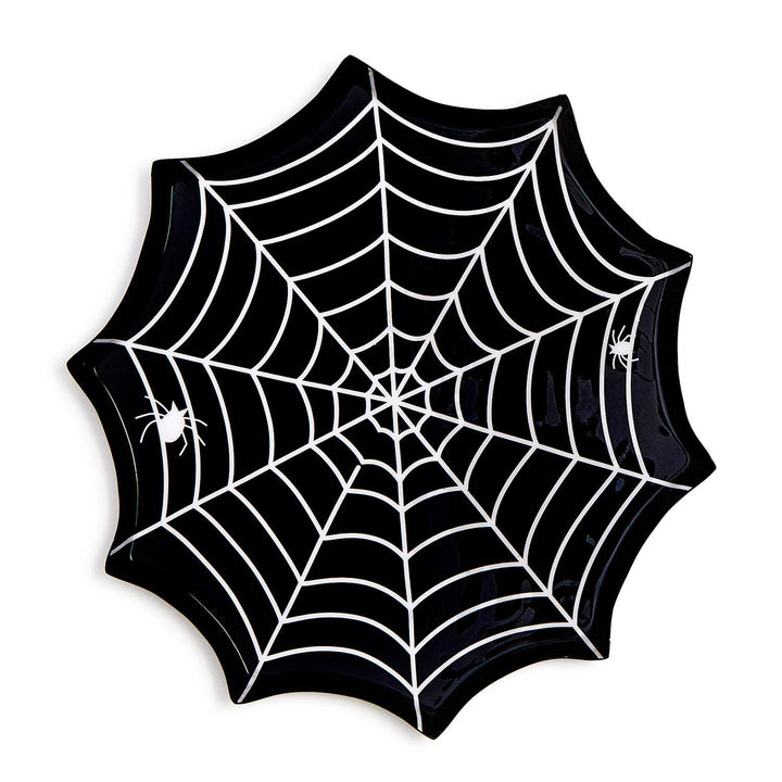 Black spiderweb-shaped plate with white web lines and two small white spiders