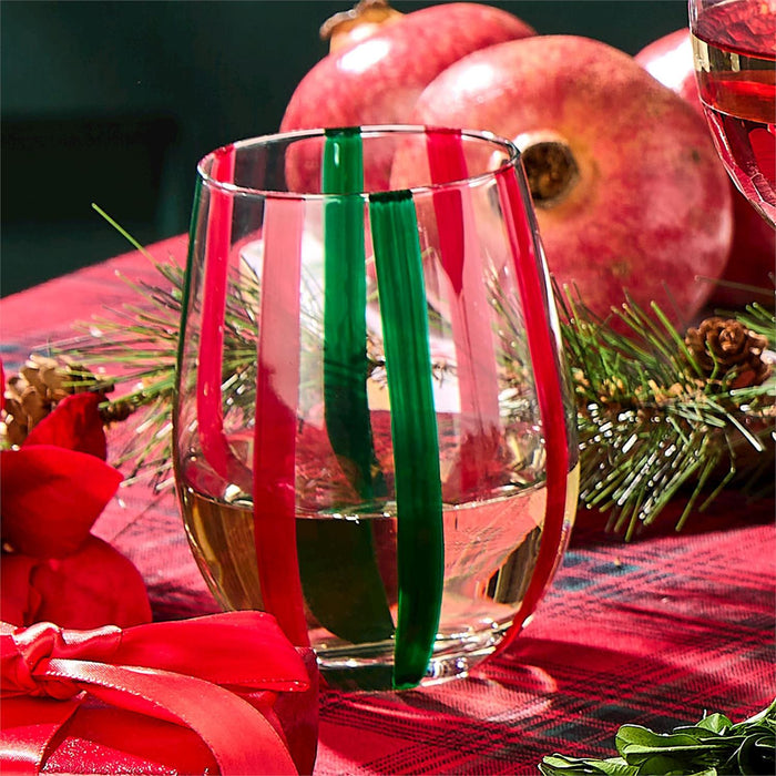 Holiday Cheer - Red and Green Stripes Stemless Wine Glass