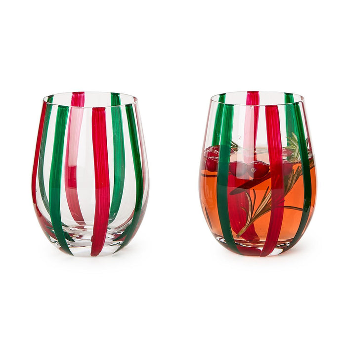 Holiday Cheer - Red and Green Stripes Stemless Wine Glass