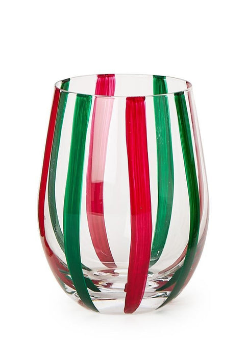 Holiday Cheer - Red and Green Stripes Stemless Wine Glass