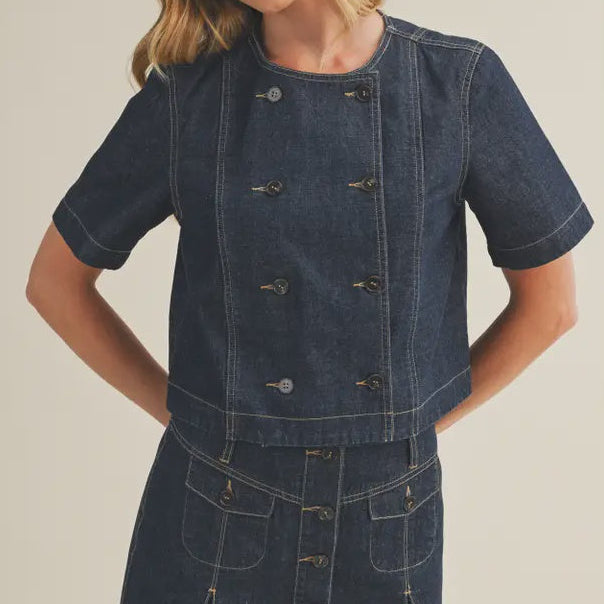 Asymmetric Double-Breasted Denim Blouse
