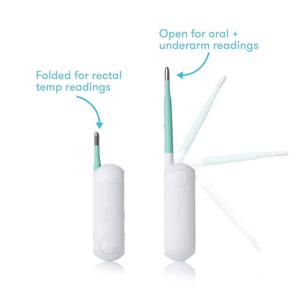 Digital product photograph by Frida displaying a white and mint green 3-in-1 baby thermometer on a studio background with blue instructional text and arrows showing the silver-tipped probe in both folded and extended positions for rectal, oral, and underarm temperature readings