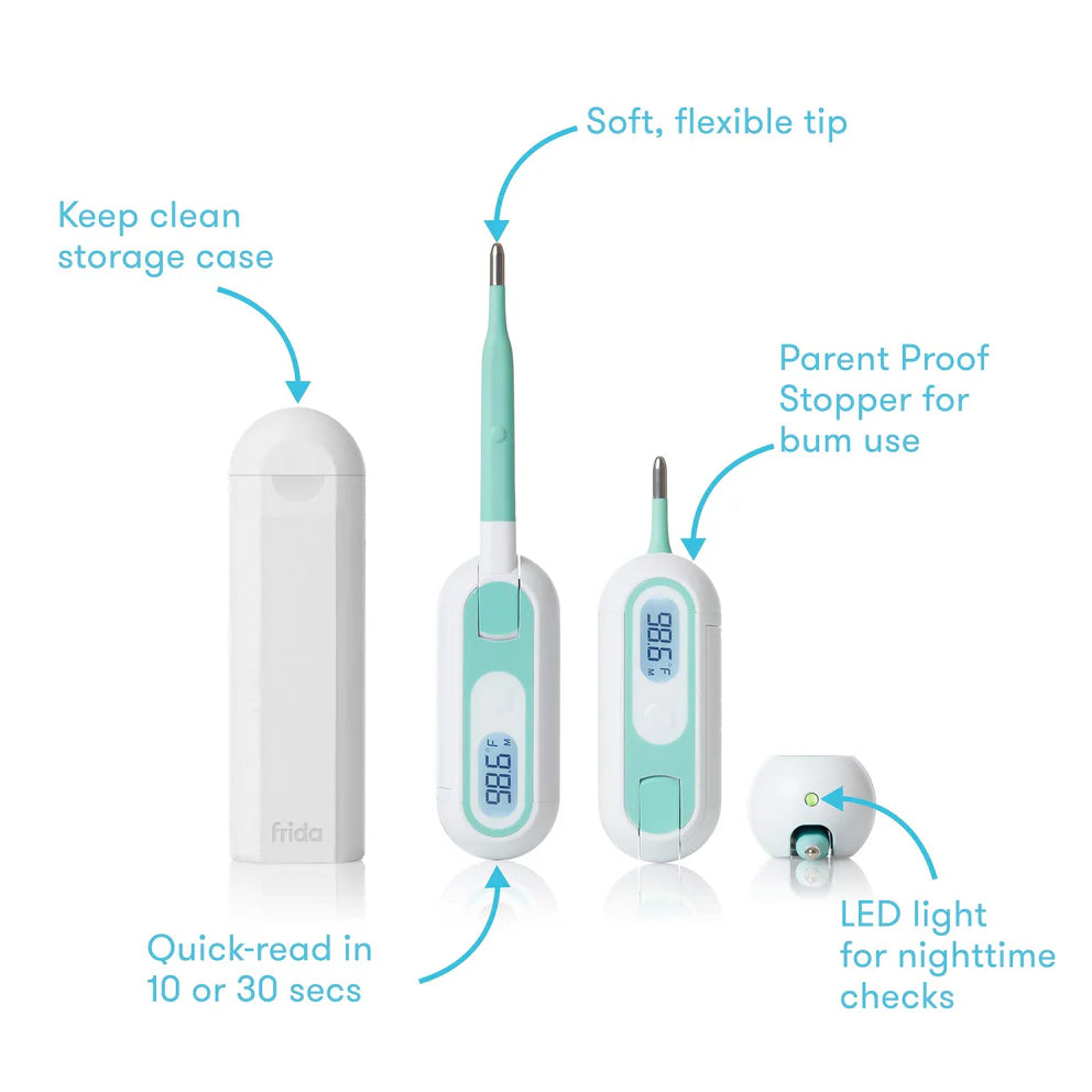 Digital product infographic by Frida showcasing a baby thermometer kit on a white background, featuring vibrant teal accents, a soft flexible tip, a digital display reading 98.6 degrees, and a unique parent-proof stopper for rectal use