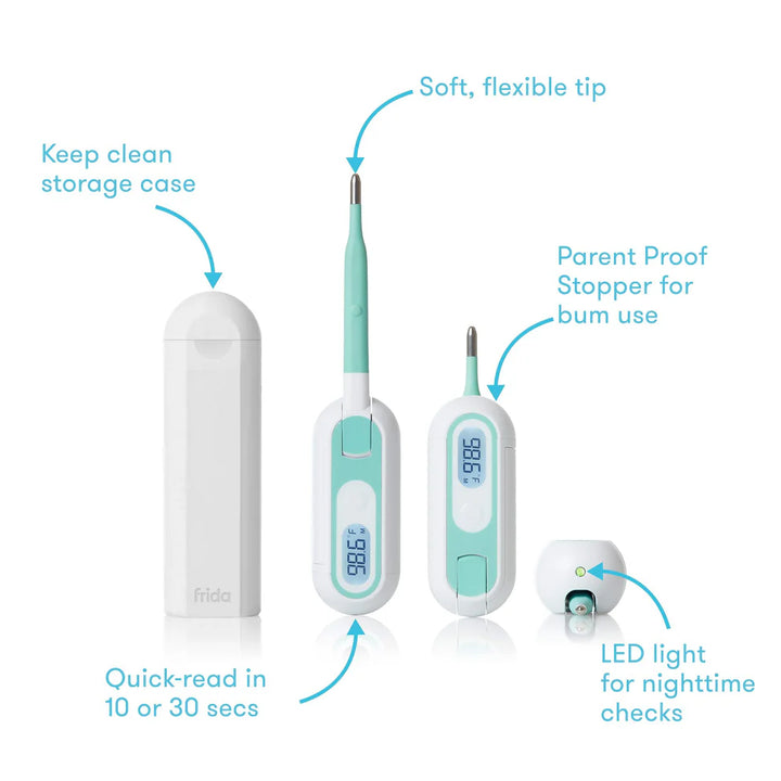 Digital product infographic by Frida showcasing a baby thermometer kit on a white background, featuring vibrant teal accents, a soft flexible tip, a digital display reading 98.6 degrees, and a unique parent-proof stopper for rectal use
