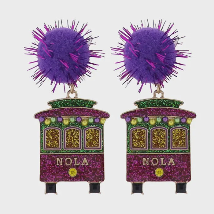 Purple, Green Gold Nola Street Car with Purple Pom Earrings