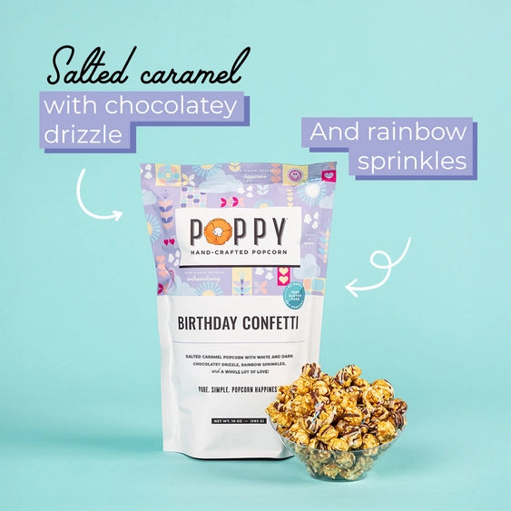 Digital product advertisement by Poppy Hand-Crafted Popcorn featuring a bag of Birthday Confetti popcorn and a glass bowl on a light teal background with chocolatey drizzle, rainbow sprinkles, and pastel packaging patterns