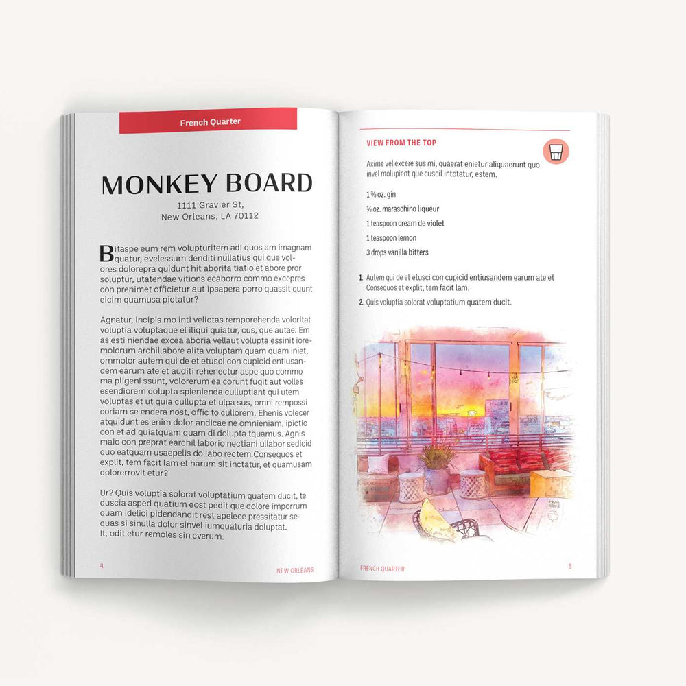 Watercolor illustration within a book spread of the Monkey Board rooftop bar in New Orleans featuring the city skyline at sunset with glowing string lights, red lounge seating, and a vibrant orange sky