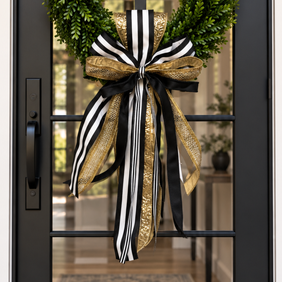 Close-up of a black and white striped, black and gold ribbon bow on a boxwood wreath on a black glass door