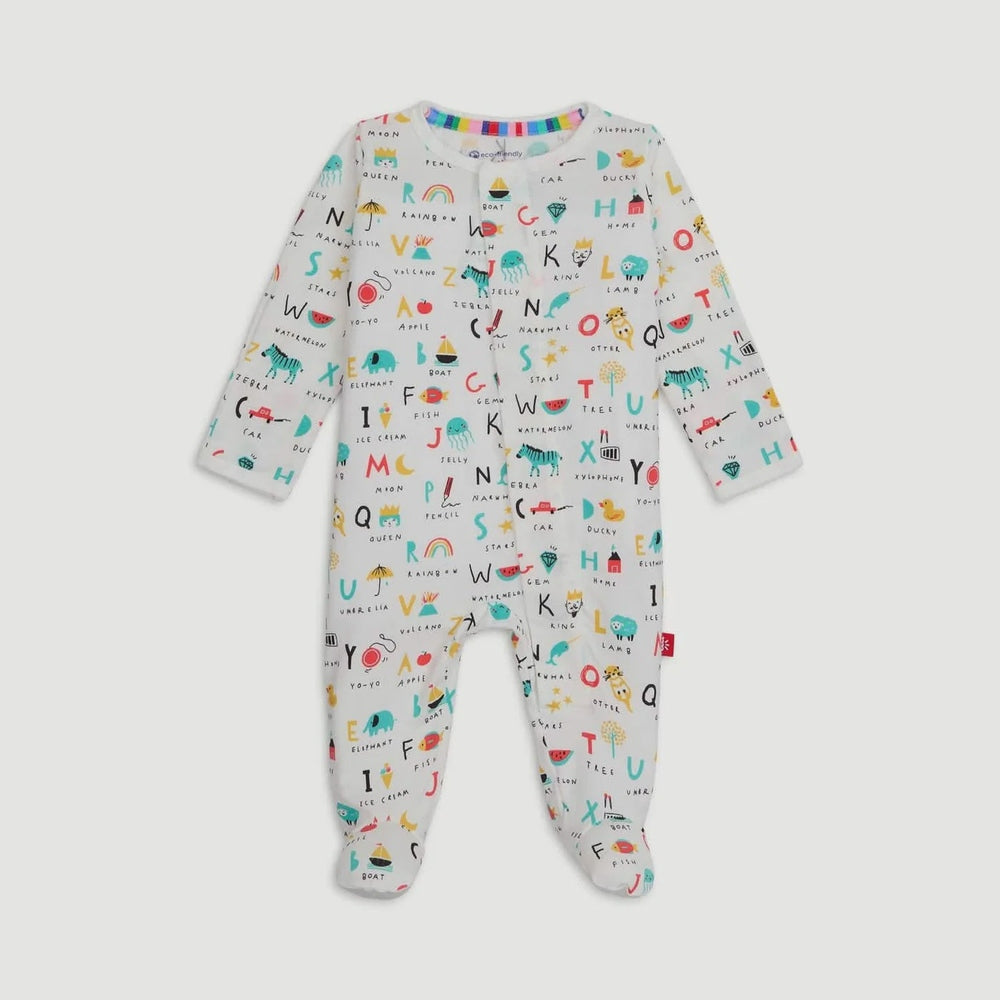 Product photograph of a white long-sleeved baby onesie with an all-over alphabet print against a gray background featuring colorful hand-drawn illustrations like a red car, a blue elephant, and a vibrant rainbow