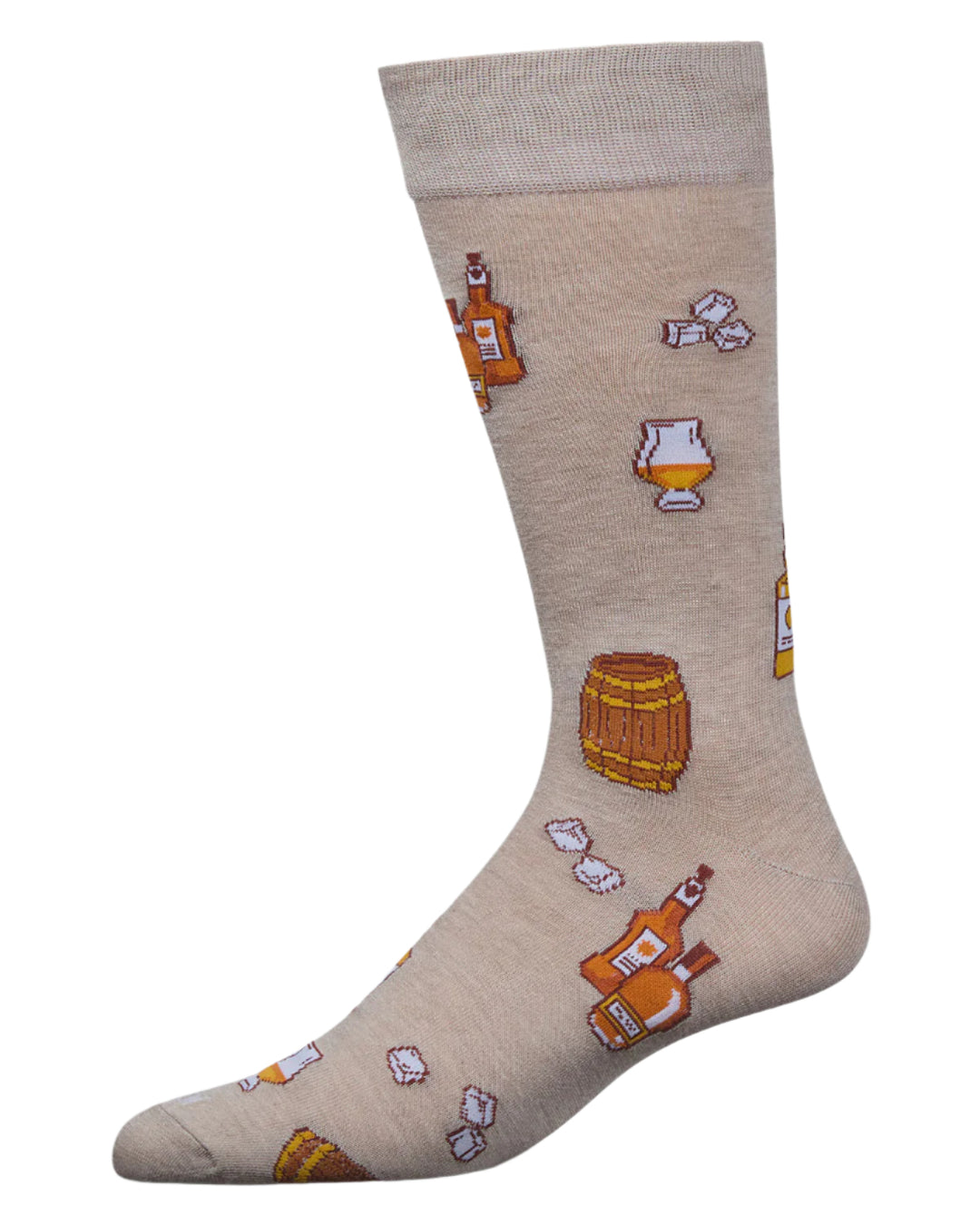 Novelty knitted crew sock featuring a whiskey-themed pattern on a tan fabric background showcasing amber bottles, iconic Glencairn glasses, and brown wooden barrels with white ice cube graphics
