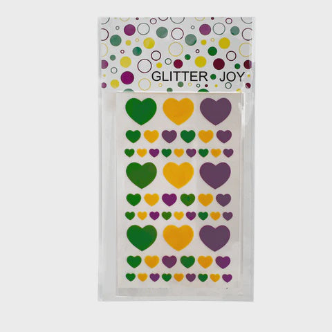 Heart-shaped stickers by GLITTER JOY featuring rows of emerald green, golden yellow, and royal purple hearts on a white background inside clear packaging with a matching polka dot header